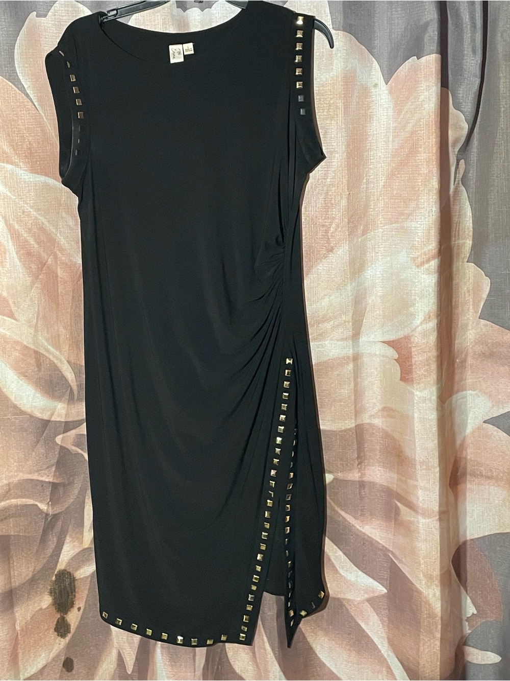 Black Ruched Midi Dress with Gold Stud Trim